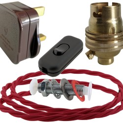 Lamp Repair and Service Kit | Brown Plug | Bright Red Flex | Black Switch | B22 Brass Lamp Holder