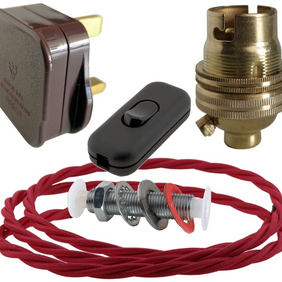 Lamp Repair and Service Kit | Brown Plug | Bright Red Flex | Black Switch | B22 Brass Lamp Holder Lamp Repair and Service Kit | Brown Plug | Bright Red Flex | Black Switch | B22 Brass Lamp Holder