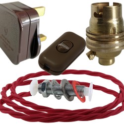 Lamp Repair and Service Kit | Brown Plug | Bright Red Flex | Brown Switch | B22 Brass Lamp Holder