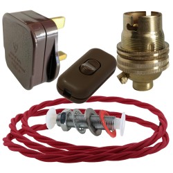 Lamp Repair and Service Kit | Brown Plug | Bright Red Flex | Brown Switch | B22 Brass Lamp Holder