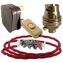 Lamp Repair and Service Kit | Brown Plug | Bright Red Flex | Gold Switch | B22 Brass Lamp Holder