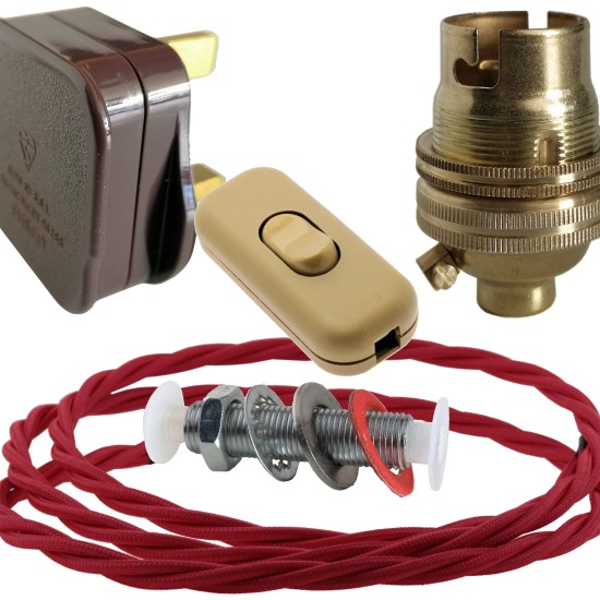 Lamp Repair and Service Kit | Brown Plug | Bright Red Flex | Gold Switch | B22 Brass Lamp Holder Lamp Repair and Service Kit | Brown Plug | Bright Red Flex | Gold Switch | B22 Brass Lamp Holder