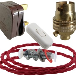 Lamp Repair and Service Kit | Brown Plug | Bright Red Flex | White Switch | B22 Brass Lamp Holder