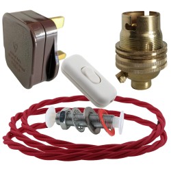 Lamp Repair and Service Kit | Brown Plug | Bright Red Flex | White Switch | B22 Brass Lamp Holder