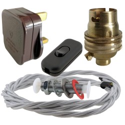 Lamp Repair and Service Kit | Brown Plug | Silver Flex | Black Switch | B22 Brass Lamp Holder
