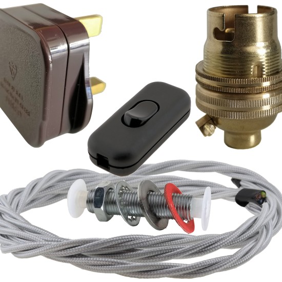 Lamp Repair and Service Kit | Brown Plug | Silver Flex | Black Switch | B22 Brass Lamp Holder Lamp Repair and Service Kit | Brown Plug | Silver Flex | Black Switch | B22 Brass Lamp Holder