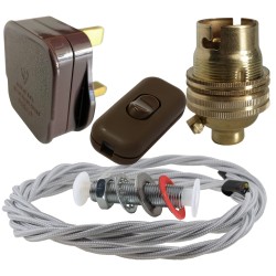 Lamp Repair and Service Kit | Brown Plug | Silver Flex | Brown Switch | B22 Brass Lamp Holder
