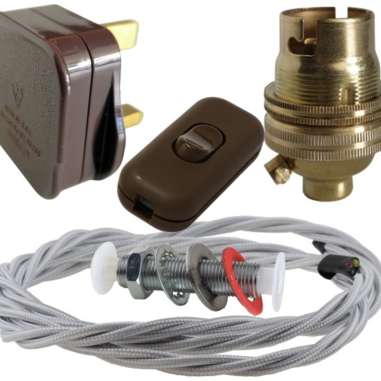 Lamp Repair and Service Kit | Brown Plug | Silver Flex | Brown Switch | B22 Brass Lamp Holder Lamp Repair and Service Kit | Brown Plug | Silver Flex | Brown Switch | B22 Brass Lamp Holder
