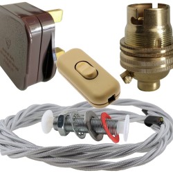 Lamp Repair and Service Kit | Brown Plug | Silver Flex | Gold Switch | B22 Brass Lamp Holder