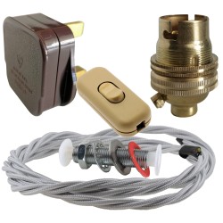 Lamp Repair and Service Kit | Brown Plug | Silver Flex | Gold Switch | B22 Brass Lamp Holder