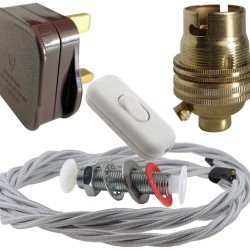 Lamp Repair and Service Kit | Brown Plug | Silver Flex | White Switch | B22 Brass Lamp Holder