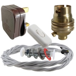 Lamp Repair and Service Kit | Brown Plug | Silver Flex | White Switch | B22 Brass Lamp Holder
