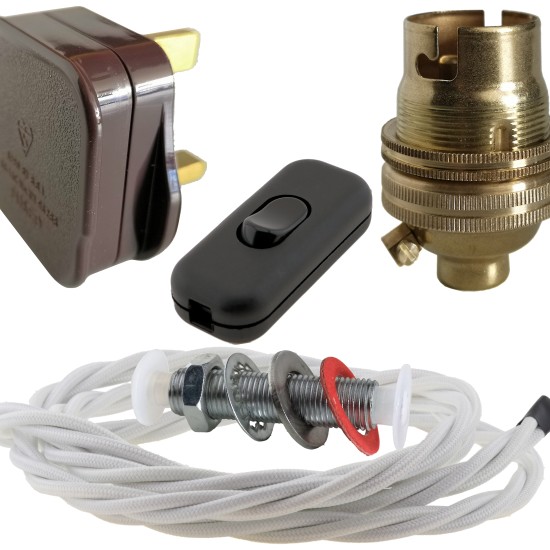 Lamp Repair and Service Kit | Brown Plug | White Flex | Black Switch | B22 Brass Lamp Holder