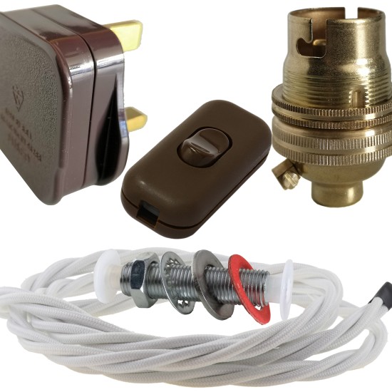 Lamp Repair and Service Kit | Brown Plug | White Flex | Brown Switch | B22 Brass Lamp Holder Lamp Repair and Service Kit | Brown Plug | White Flex | Brown Switch | B22 Brass Lamp Holder