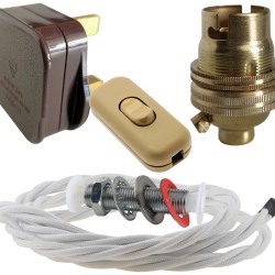 Lamp Repair and Service Kit | Brown Plug | White Flex | Gold Switch | B22 Brass Lamp Holder