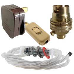 Lamp Repair and Service Kit | Brown Plug | White Flex | Gold Switch | B22 Brass Lamp Holder