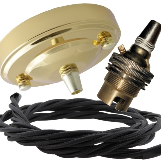 Large Brass Ceiling Pendant Kit and B22 Lampholder with Black Flex