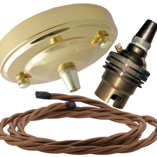 Large Brass Ceiling Pendant Kit and B22 Lampholder with Bronze Flex