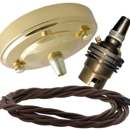 Large Brass Ceiling Pendant Kit and B22 Lampholder with Brown Flex