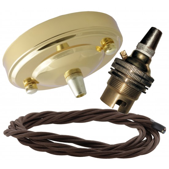 Large Brass Ceiling Pendant Kit and B22 Lampholder with Brown Flex