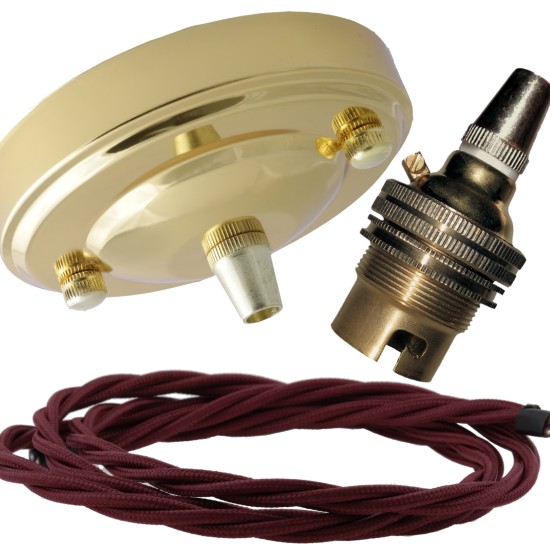 Large Brass Ceiling Pendant Kit and B22 Lampholder with Rich Burgundy Flex