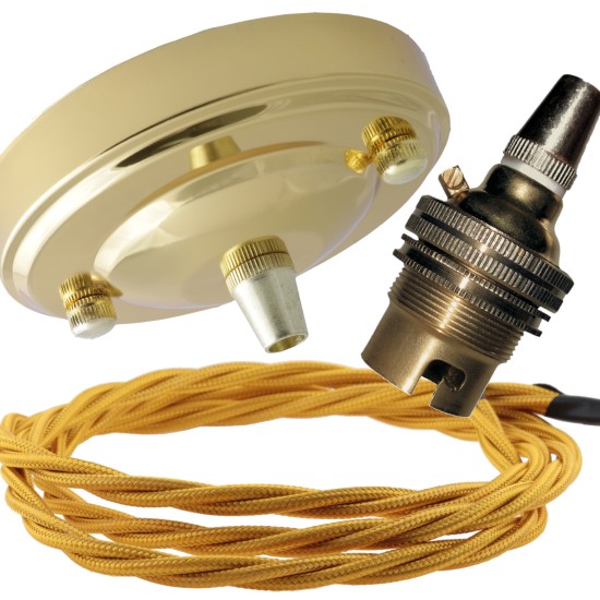 Large Brass Ceiling Pendant Kit and B22 Lampholder with Gold Flex