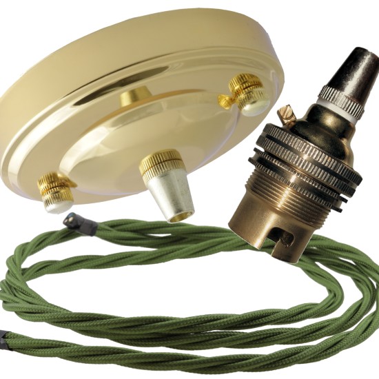Large Brass Ceiling Pendant Kit and B22 Lampholder with Green Flex