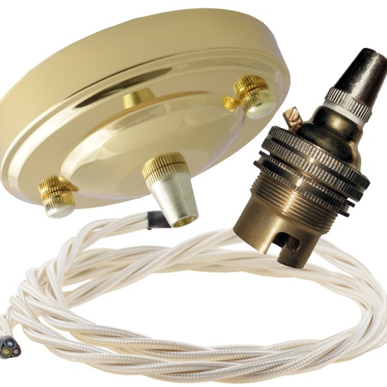 Large Brass Ceiling Pendant Kit and B22 Lampholder with Classic Ivory Flex