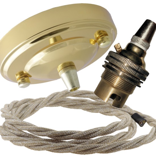 Large Brass Ceiling Pendant Kit and B22 Lampholder with Linen Flex