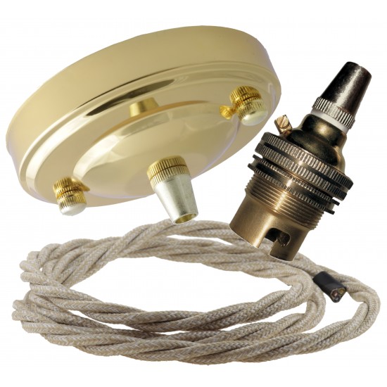 Large Brass Ceiling Pendant Kit and B22 Lampholder with Linen Flex