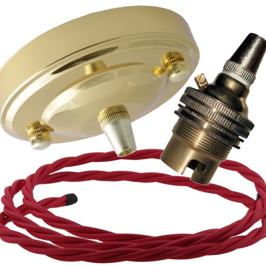 Large Brass Ceiling Pendant Kit and B22 Lampholder with Bright Red Flex