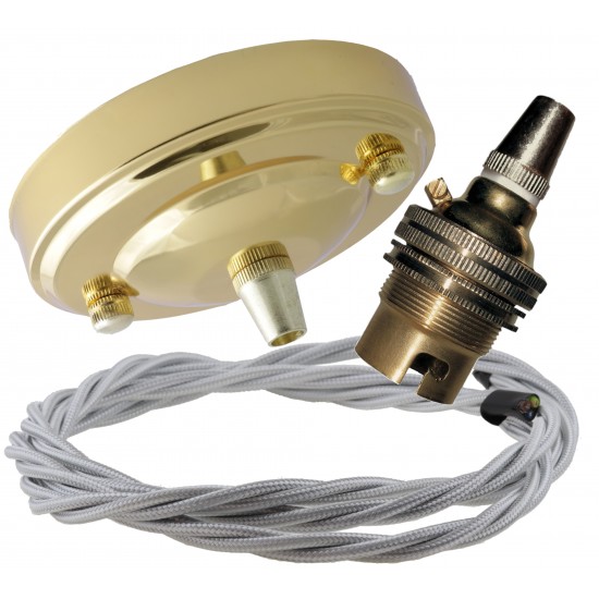 Large Brass Ceiling Pendant Kit and B22 Lampholder with Silver Flex