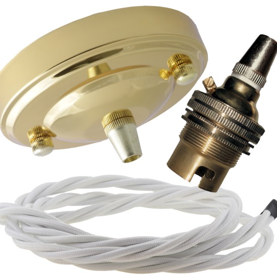 Large Brass Ceiling Pendant Kit and B22 Lampholder with White Flex