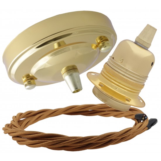 Large Brass Ceiling Pendant Kit and E27 Lampholder with Antique Gold Flex Large Brass Ceiling Pendant Kit and E27 Lampholder with Antique Gold Flex