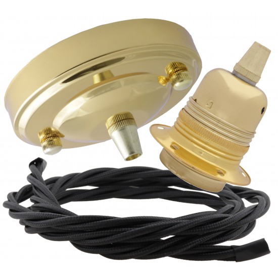Large Brass Ceiling Pendant Kit and E27 Lampholder with Black Flex