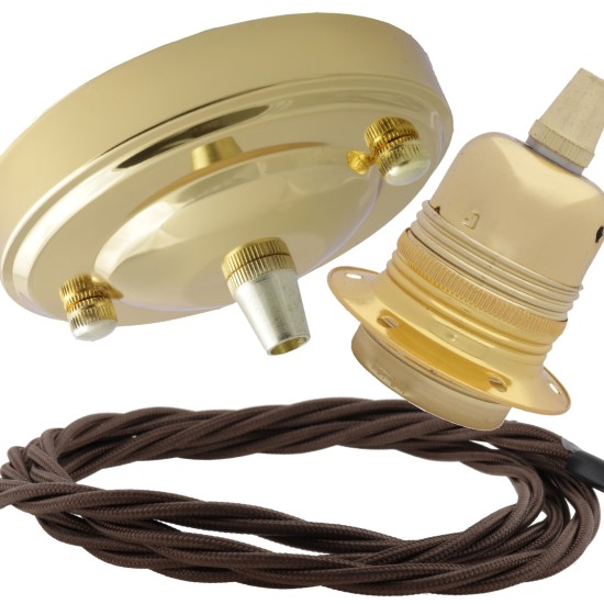 Large Brass Ceiling Pendant Kit and E27 Lampholder with Mocha Brown Flex