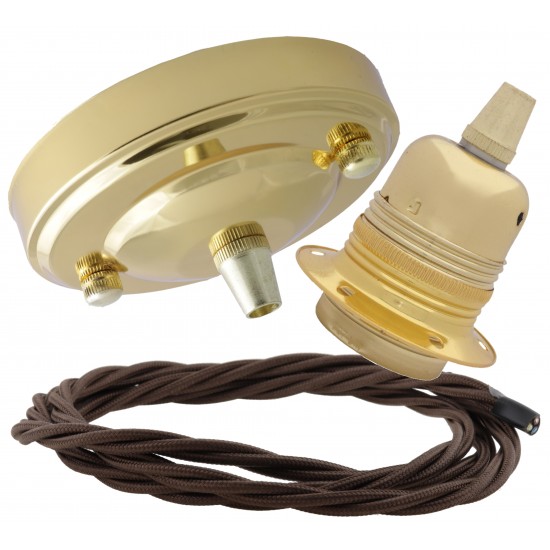 Large Brass Ceiling Pendant Kit and E27 Lampholder with Mocha Brown Flex