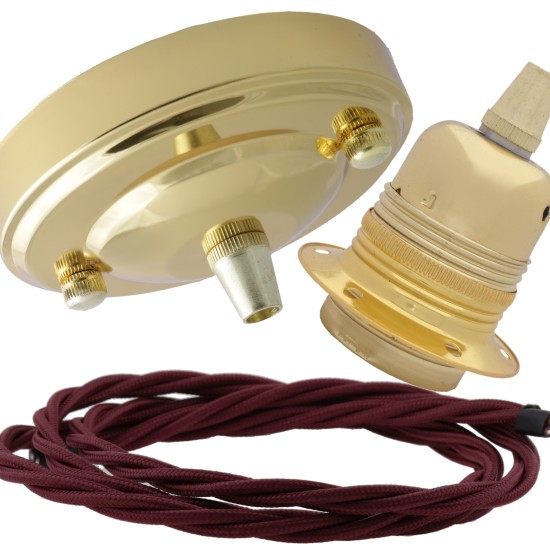 Large Brass Ceiling Pendant Kit and E27 Lampholder with Rich Burgundy Flex