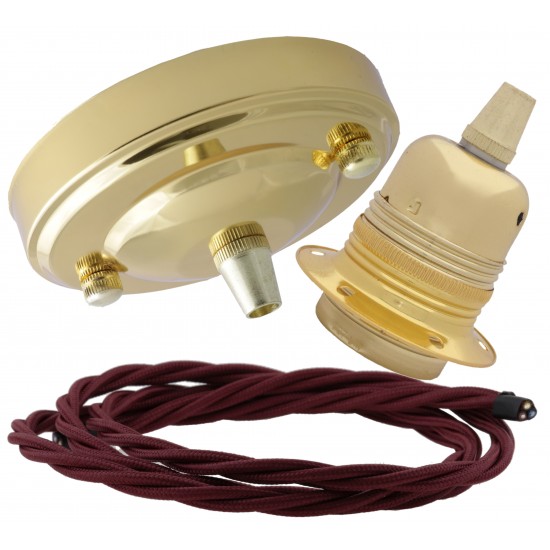 Large Brass Ceiling Pendant Kit and E27 Lampholder with Rich Burgundy Flex Large Brass Ceiling Pendant Kit and E27 Lampholder with Rich Burgundy Flex