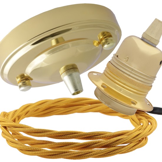 Large Brass Ceiling Pendant Kit and E27 Lampholder with Gold Flex