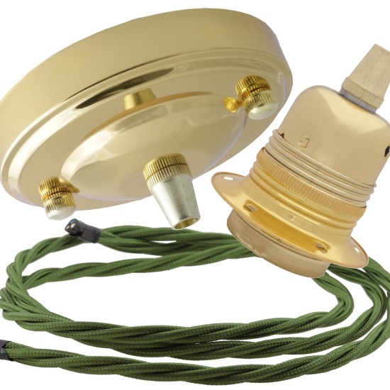 Large Brass Ceiling Pendant Kit and E27 Lampholder with Green Flex Large Brass Ceiling Pendant Kit and E27 Lampholder with Green Flex