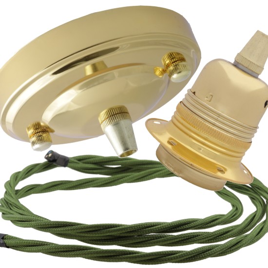 Large Brass Ceiling Pendant Kit and E27 Lampholder with Green Flex