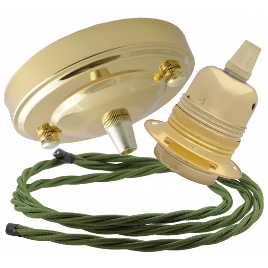 Large Brass Ceiling Pendant Kit and E27 Lampholder with Green Flex