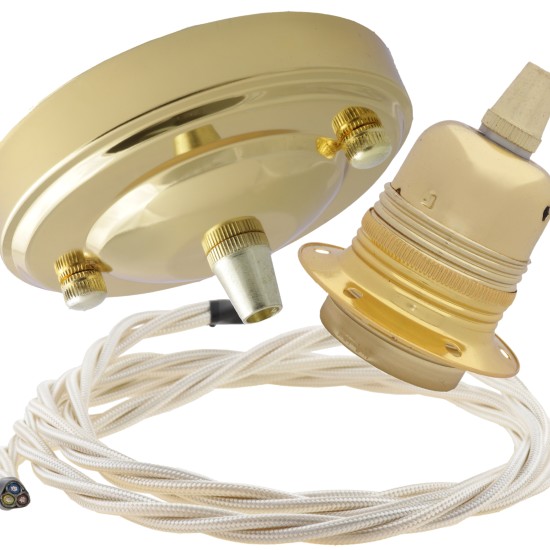 Large Brass Ceiling Pendant Kit and E27 Lampholder with Classic Ivory Flex