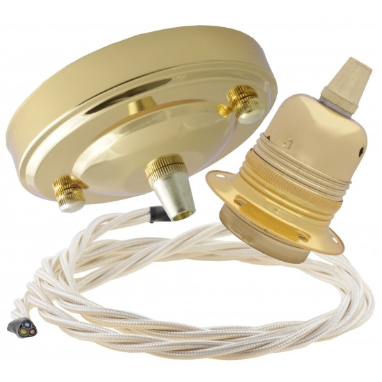 Large Brass Ceiling Pendant Kit and E27 Lampholder with Classic Ivory Flex