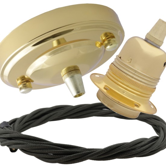 Large Brass Ceiling Pendant Kit and E27 Lampholder with Khaki Green Flex Large Brass Ceiling Pendant Kit and E27 Lampholder with Khaki Green Flex