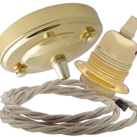 Large Brass Ceiling Pendant Kit and E27 Lampholder with Linen Flex