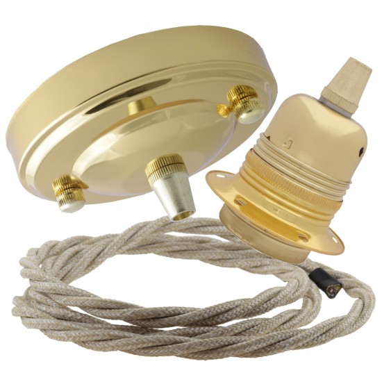 Large Brass Ceiling Pendant Kit and E27 Lampholder with Linen Flex
