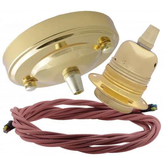 Large Brass Ceiling Pendant Kit and E27 Lampholder with Dusky Pink Flex Large Brass Ceiling Pendant Kit and E27 Lampholder with Dusky Pink Flex