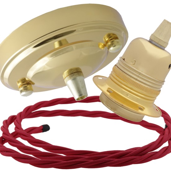 Large Brass Ceiling Pendant Kit and E27 Lampholder with Bright Red Flex